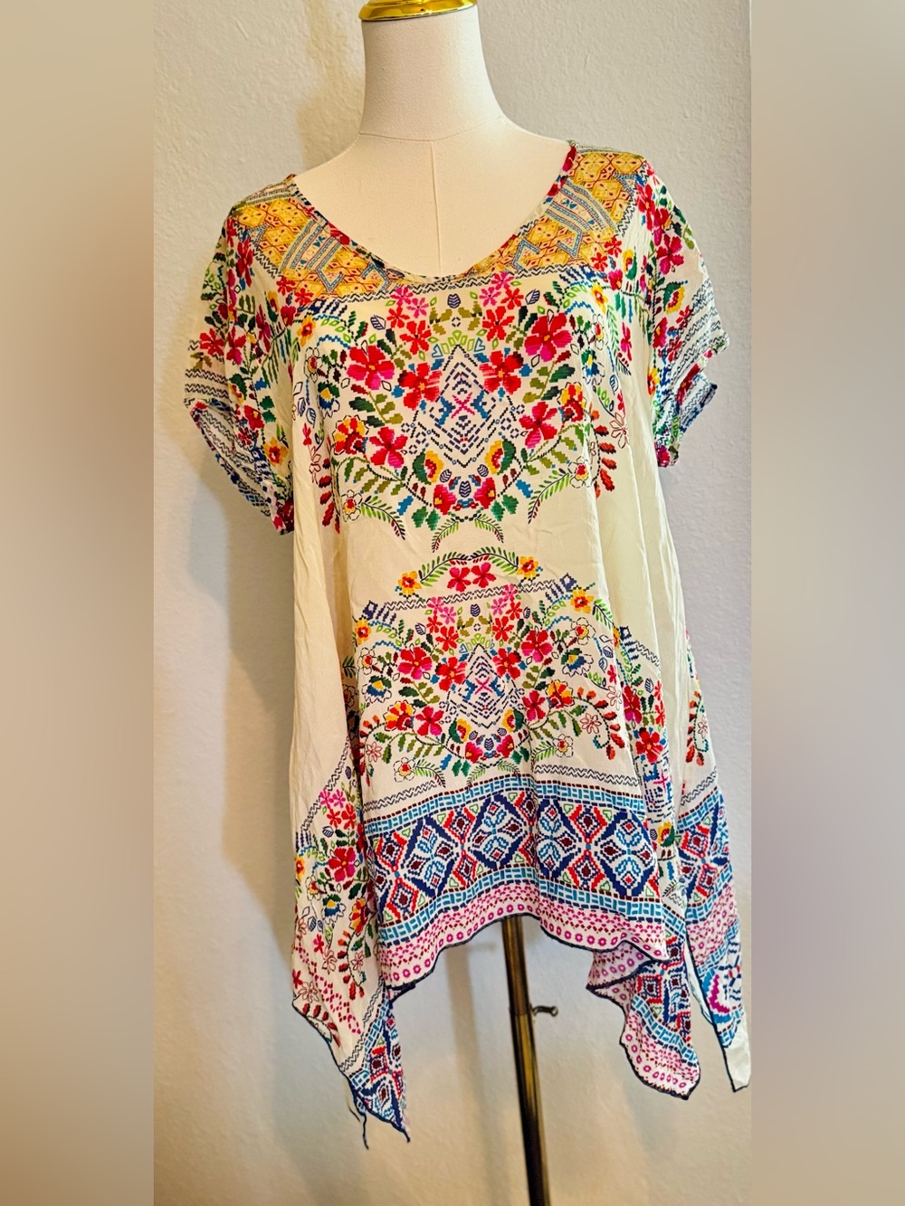 JOHNNY WAS Semi-Sheer Cream Colorful Floral Handkerchief Hem Tunic Top - Picture 2 of 16
